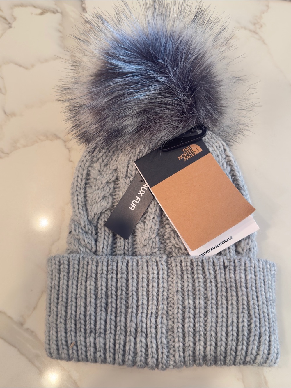 NWT The North Face Oh Mega Fur Pom Beanie Grey Knit OS